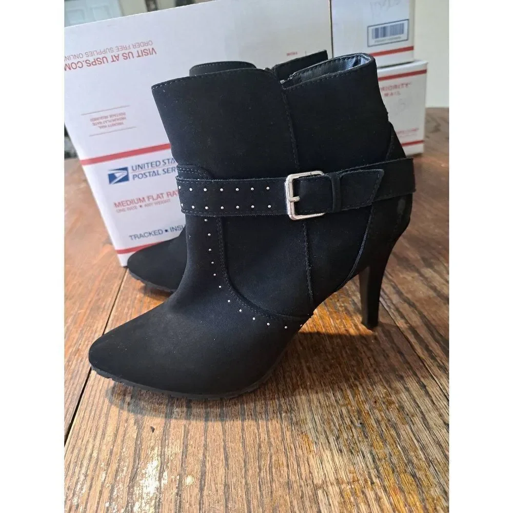 10M ...me too Black Buckle Embellished High Heel Pump Ankle Boots Booties Shoes